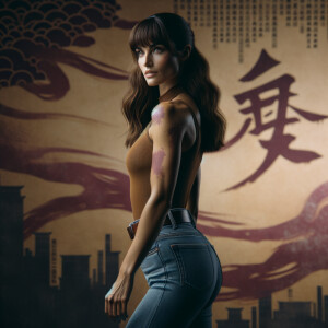 Athletic Thin skinny Attractive, Asian teenage girl, long brown hair and bangs, wearing tight skinny jeans and a halter top paint marks on her clothing, heroic pose Asian graffiti background, backside view