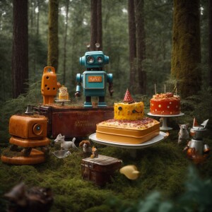 photorealistic image. rusty robot in a forest surrounded by his...