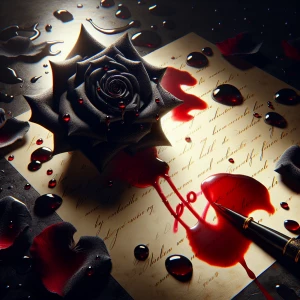 A black rose with blood on it fallen across a love note that is...