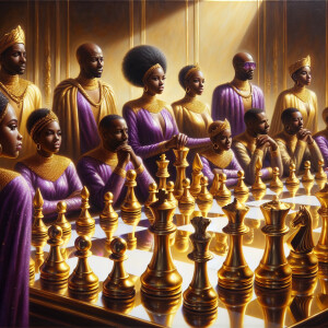3-D realistic oil, painting, Oh a gold, and purple human chessbo...