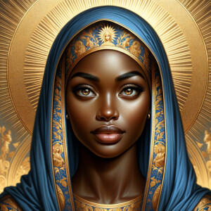 Create a beautiful African-American Jesus Christ with Hazel, brown eyes and blue and gold robe