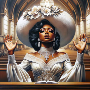 Render an airbrush oil painting of an African American woman with flawless makeup
kneeling at a church altar, her hands raised in a gesture of surrender to God. She's
dressed in stylish Sunday Best attire, with a particular focus on the delicate details of
her Church Hat. The background features a beautifully painted church interior, with the
oil paint texture enhancing the sacred atmosphere. The artwork should capture the
woman's devout expression, the elegance of her attire, and the spiritual ambiance of
the church setting, reflecting a moment of deep faith and devotion.