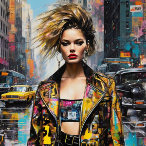 A chic model gracefully walks down a bustling New York City stre...