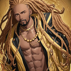 A portrait of a handsome African American man bronze skin tone with a clean a clean cut beard, long blonde dreadlocks hazel brown siren eyes gold jewelry, gold watch. He’s wearing a brown bomber jacket tattoos multiple necklaces, stud earrings, colorful background