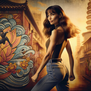 Athletic Thin skinny Attractive, Asian teenage girl, long brown hair and bangs, wearing tight skinny jeans and a halter top paint marks on her clothing, heroic pose Asian graffiti background, backside view