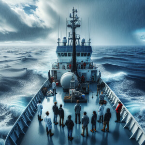 The ship is standing in the middle of the ocean. There are resea...