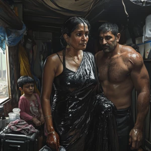 Digital art 1:1 ,a 54-year-old Gujarati housemaid dressed in a s...