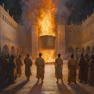 Depict an ancient regal courtyard with a towering, fierce furnace at its center. The furnace engulfs Shadrach, Meshach, and Abednego, who remain unscathed amidst the voracious flames, exuding tranquility. They are dressed in traditional ancient robes, seemingly impervious to the fire's wrath. With them, a fourth figure—an angelic presence—radiates a protective aura, his ethereal form aglow, symbolizing divine shelter.

Surrounding the furnace, astounded guards and nobles observe from afar, their faces etched in shock and wonder. The scene juxtaposes the tumultuous flames with the composed figures within, emphasizing the miracle of their survival and the power of faith and divine guardianship.