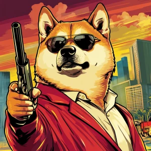 MEME DOGE, robs a bank, in the style of a Grand Theft Auto loadi...