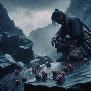 A wounded samurai kneel on his knees on the rock, surrounding by...
