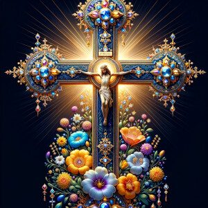 Create an image of a majestic cross, larger in size, with a harm...