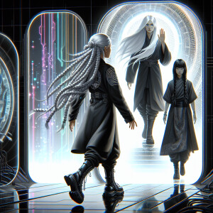 A girl with long white hair and two braided braids, black boots...