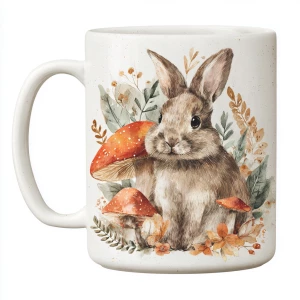 Rabbit under mushroom, watercolor on a white background, vector-...