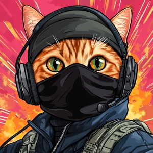 A wide-eyed ginger cat wearing a black tactical balaclava (or ma...
