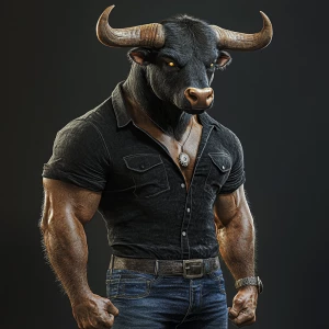 Create a photorealistic image of a Taurus man-bull hybrid with e...