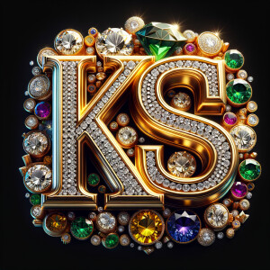 Create a 3-D realistic image with the letters  K.S. in gold raised letters , Add diamonds and colorful jewels