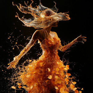 woman, hat made of icy transparent glass physalis, dress made of...