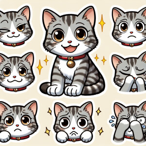 Create a sticker pack for me featuring a cute gray-and-white kit...