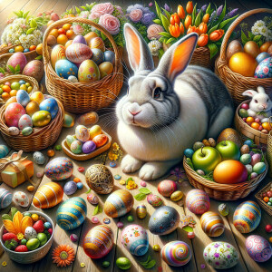 Create some ultra photorealistic images inspiring Easter, include some eggs and bunny , vivid colors, 9:16