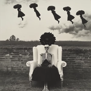 Melancholy black and white image. A big field with a brick fence...