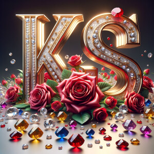 Create a 3-D realistic image with the letters  K.S. in gold raised letters and add some red roses. Add diamonds and colorful jewels