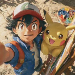 Create a hyperrealistic image of Ash Ketchum from Pokémon taking...