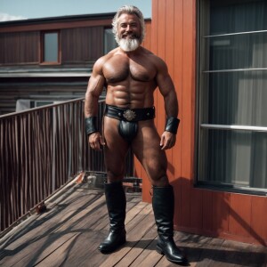 A beefy bodybuilder man hairy chest beard gray hair, smiling, le...