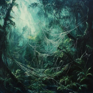 A amazon jungle scene with a 30 meter area is covered in spider...