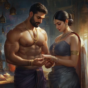 Artstation style,A muscular, perspiring man is in a Jaipur jewel...
