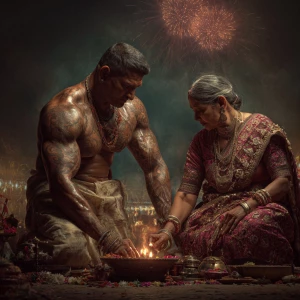 Realism, photo painting.a muscular beefy sweaty tattoed indian m...