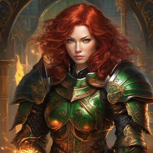 A determined woman with vibrant, short wavy red hair and piercin...