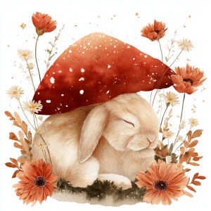 Cute fluffy rabbit sleeping under a large red mushroom with whit...