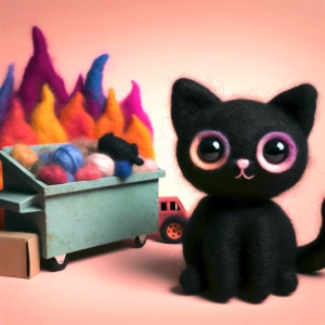 Create an image of an adorable black felted cat with oversized e...
