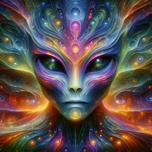 A shimmering ethereal alien ambassador, its form a symphony of s...