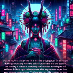 Craft a tale set in a neon-lit cyberpunk city infused with mytho...