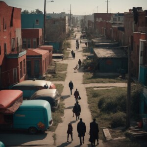 Urban neighborhood with black people walking around