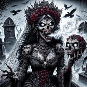 a horror core,dark-art demonic vampire bride,wearing a tattered...