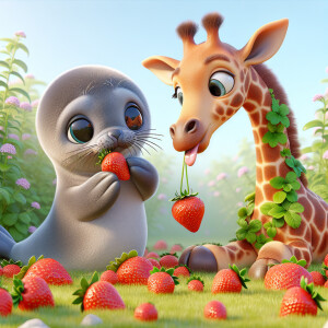 A little sea seal and giraffe eating strawberries