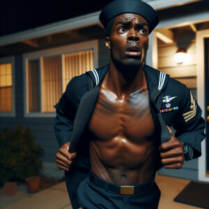 US Navy sailor in uniform, half dressed, running out the front d...