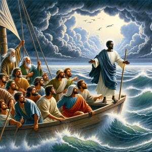 African-American Jesus telling Peter to come walk on the water,...
