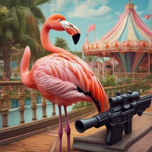 A flamingo with a gun waiting in line at a roller coaster park