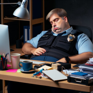 An obese police officer dozing off at his desk with a YouTube vi...