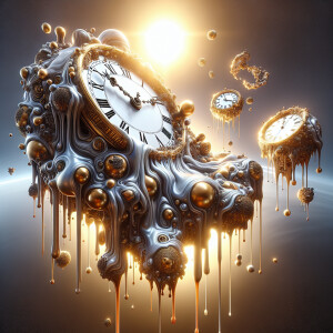 "melting clocks float in the sky, dripping ferrofluid from their...