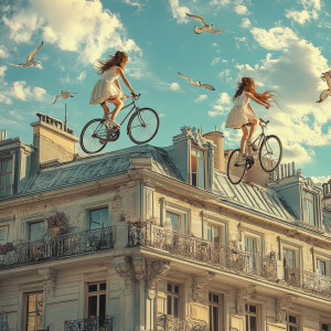 create realstic image of two girl cycling on the roof