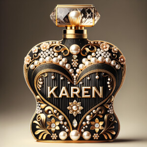 Design a fancy, black and gold bottle of perfume in the shape of a woman’s body. With a golden diamond top, flowers pearls and Diamonds in the name, Karen