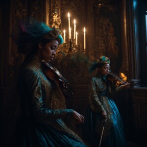 Grotesque alien beings, distant planet, gracefully playing violi...