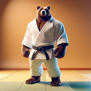 Медведь в белом кимоно по дзюдо с чёрным поясом, стоит на татами...