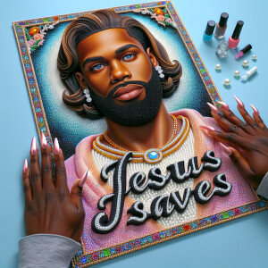 A 3D realistic artwork featuring the phrase 'Jesus Saves' adorne...
