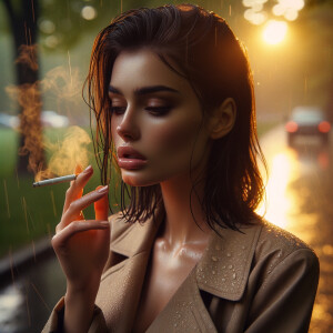 Small brunette smokes a cigarette in a park while raining