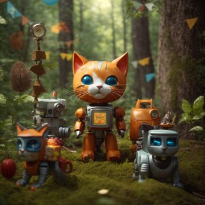 photorealistic image. rusty robot in a forest surrounded by his...